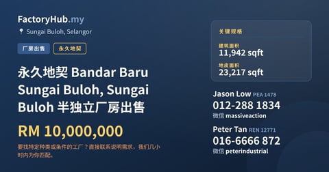 工厂 出售 - 永久地契 Bandar Baru Sungai Buloh, Sungai Buloh 半独立厂房出售 - Sungai Buloh, Selangor