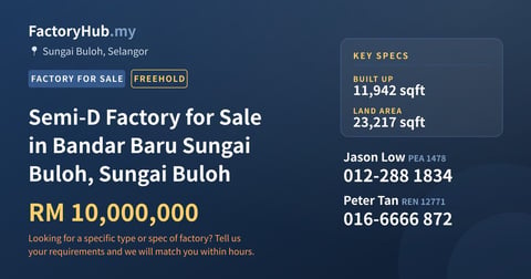 Factory For Sale - Semi-D Factory for Sale in Bandar Baru Sungai Buloh, Sungai Buloh - Sungai Buloh, Selangor