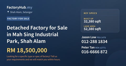 Factory For Sale - Detached Factory for Sale in Mah Sing Industrial Park, Shah Alam - Shah Alam, Selangor