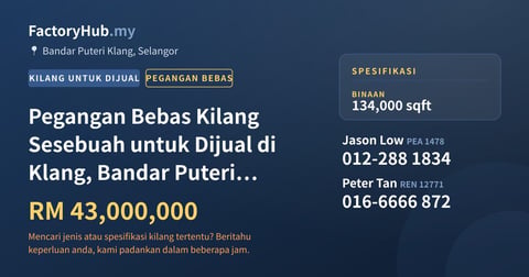 Kilang Untuk Dijual - Pegangan Bebas Kilang Sesebuah untuk Dijual di Klang, Bandar Puteri Klang - Telok Panglima Garang, Selangor