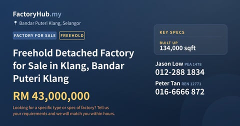 Factory For Sale - Freehold Detached Factory for Sale in Telok Panglima Garang, Selangor - Telok Panglima Garang, Selangor