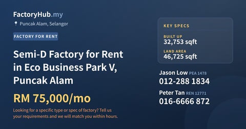 Factory For Rent - Semi-D Factory for Rent in Eco Business Park V, Puncak Alam - Puncak Alam, Selangor