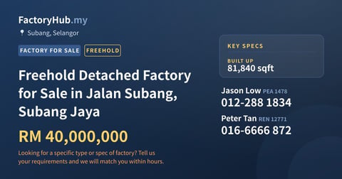 Factory For Sale - Freehold Detached Factory for Sale in Jalan Subang, Subang Jaya - Subang, Selangor