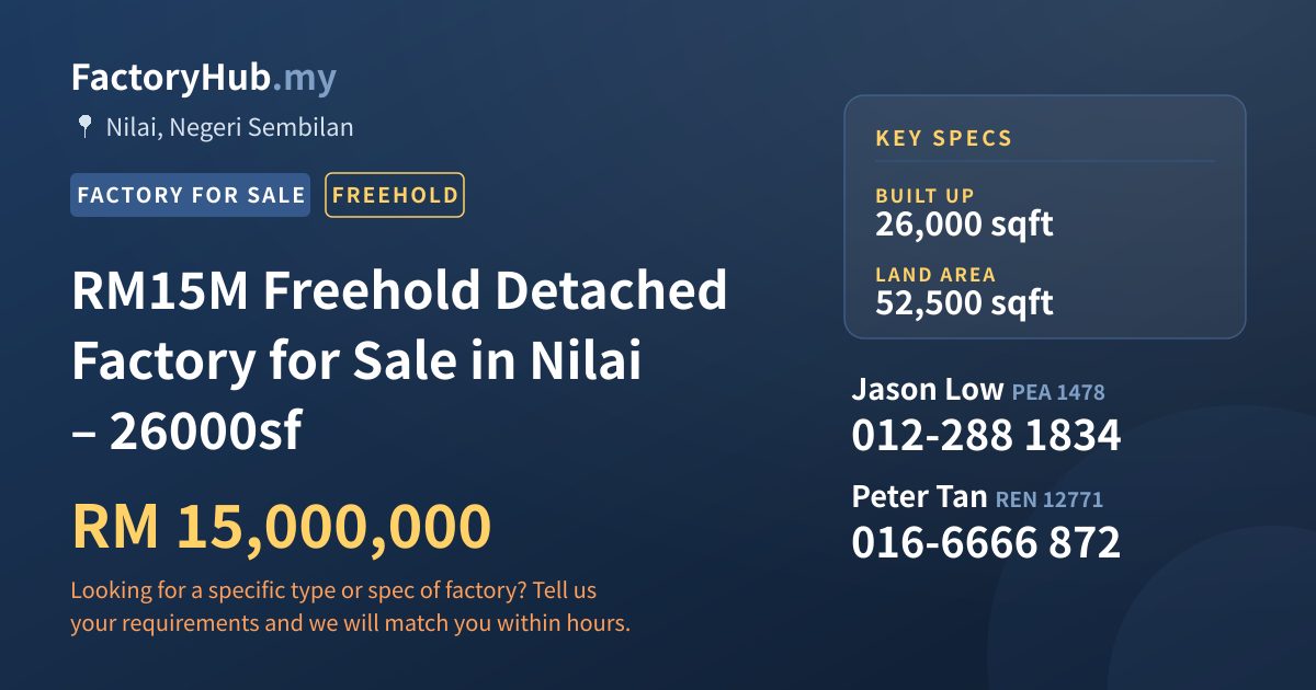 Factory For Sale - RM15M Freehold Detached Factory for Sale in Nilai – 26000sf - Nilai, Negeri Sembilan