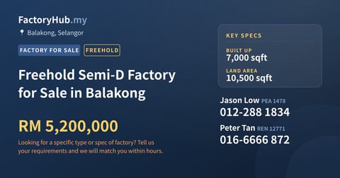 Factory For Sale - Freehold Semi-D Factory for Sale in Balakong - Balakong, Selangor