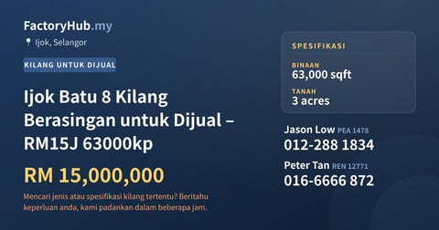 Kilang Untuk Dijual - Ijok Batu 8 Kilang Berasingan untuk Dijual – RM15J 63000kp - Ijok, Selangor