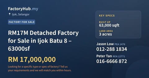 Factory For Sale - RM17M Detached Factory for Sale in Ijok Batu 8 – 63000sf - Ijok, Selangor