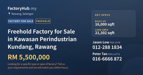 Factory For Sale - Freehold Factory for Sale in Kawasan Perindustrian Kundang, Rawang - Rawang, Selangor