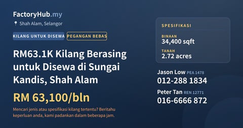 Kilang Untuk Disewa - RM63.1K Kilang Berasing untuk Disewa di Sungai Kandis, Shah Alam - Shah Alam, Selangor