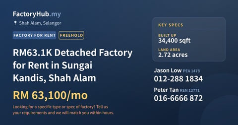 Factory For Rent - RM63.1K Detached Factory for Rent in Sungai Kandis, Shah Alam - Shah Alam, Selangor