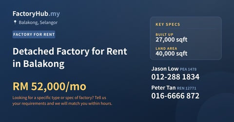 Factory For Rent - Detached Factory for Rent in Balakong - Balakong, Selangor
