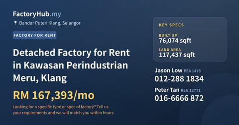 Factory For Rent - Detached Factory for Rent in Kawasan Perindustrian Meru, Klang - Bandar Puteri Klang, Selangor