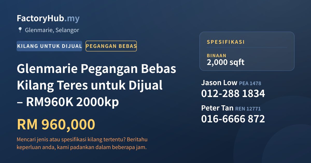 Kilang Untuk Dijual - Glenmarie Pegangan Bebas Kilang Teres untuk Dijual – RM960K 2000kp - Glenmarie, Selangor
