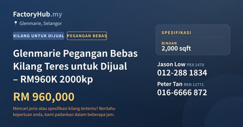 Kilang Untuk Dijual - Glenmarie Pegangan Bebas Kilang Teres untuk Dijual – RM960K 2000kp - Glenmarie, Selangor