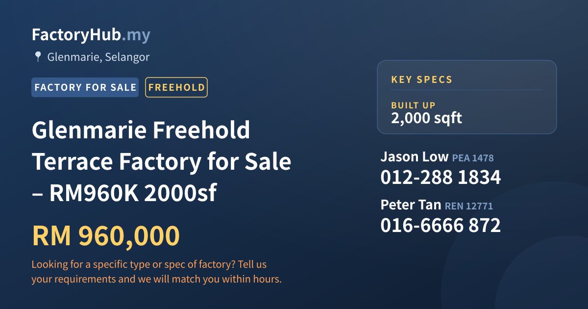 Factory For Sale - Glenmarie Freehold Terrace Factory for Sale – RM960K 2000sf - Glenmarie, Selangor