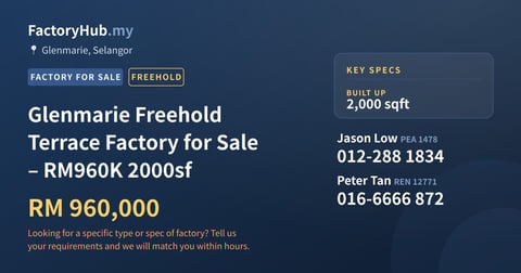 Factory For Sale - Glenmarie Freehold Terrace Factory for Sale – RM960K 2000sf - Glenmarie, Selangor