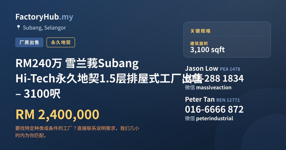 工厂 出售 - RM240万 雪兰莪Subang Hi-Tech永久地契1.5层排屋式工厂出售 – 3100呎 - Subang, Selangor