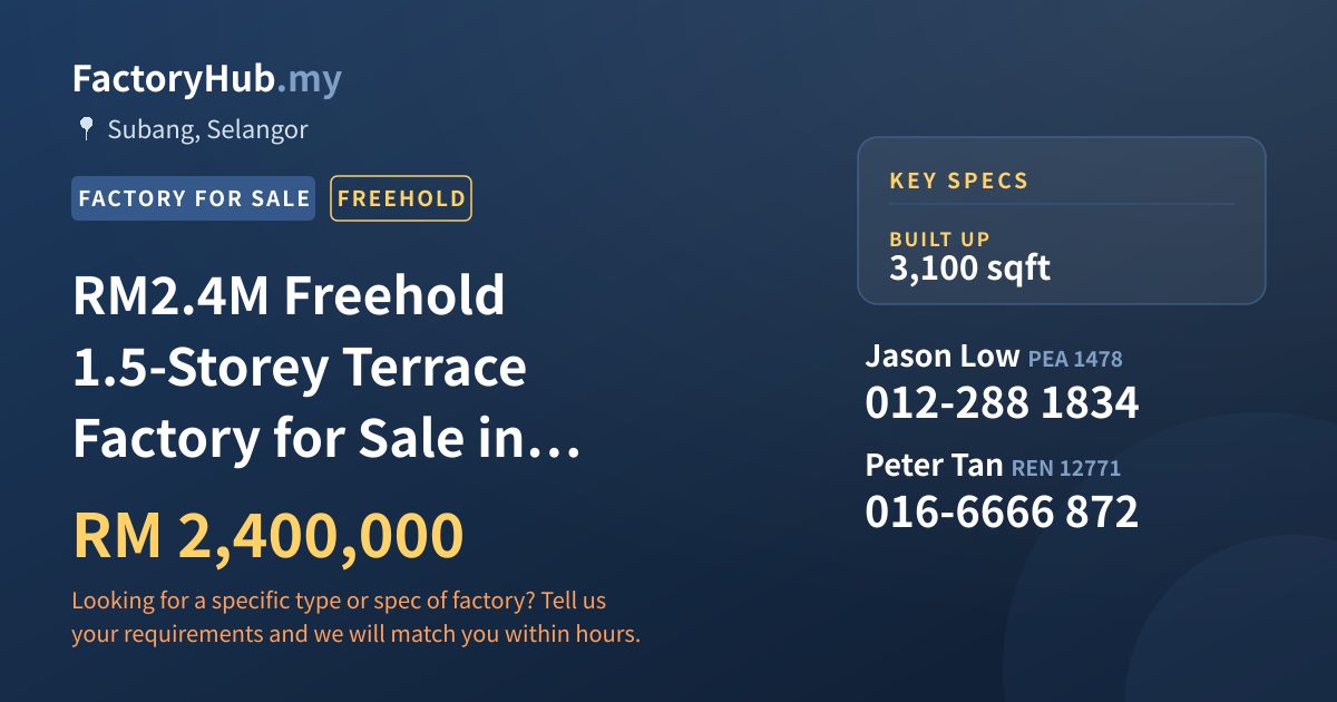 Factory For Sale - RM2.4M Freehold 1.5-Storey Terrace Factory for Sale in Subang Hi-Tech – 3100sf - Subang, Selangor