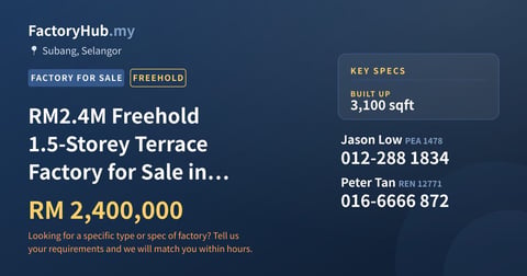 Factory For Sale - RM2.4M Freehold 1.5-Storey Terrace Factory for Sale in Subang Hi-Tech – 3100sf - Subang, Selangor