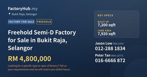 Factory For Sale - Freehold Semi-D Factory for Sale in Bukit Raja, Selangor - Bukit Raja, Selangor