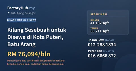 Kilang Untuk Disewa - Kilang Sesebuah untuk Disewa di Kota Puteri, Batu Arang - Batu Arang, Selangor