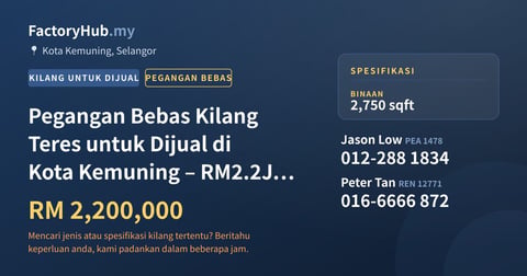 Kilang Untuk Dijual - Pegangan Bebas Kilang Teres untuk Dijual di Kota Kemuning – RM2.2J 2750kp - Kota Kemuning, Selangor