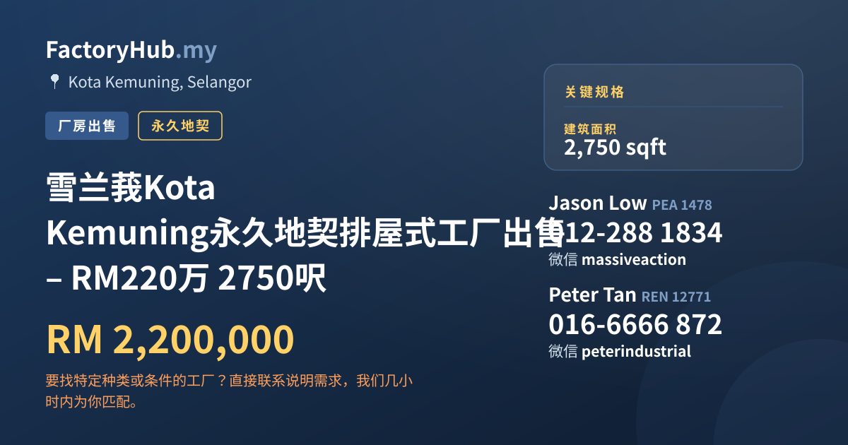 工厂 出售 - 雪兰莪Kota Kemuning永久地契排屋式工厂出售 – RM220万 2750呎 - Kota Kemuning, Selangor