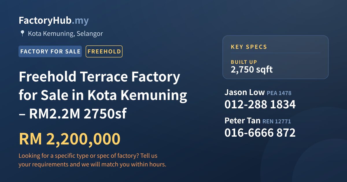 Factory For Sale - Freehold Terrace Factory for Sale in Kota Kemuning – RM2.2M 2750sf - Kota Kemuning, Selangor