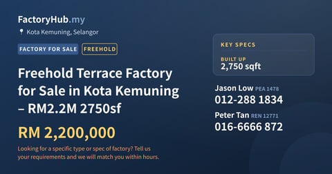 Factory For Sale - Freehold Terrace Factory for Sale in Kota Kemuning – RM2.2M 2750sf - Kota Kemuning, Selangor