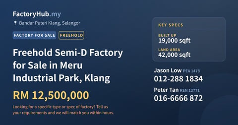 Factory For Sale - Freehold Semi-D Factory for Sale in Meru Industrial Park, Klang - Bandar Puteri Klang, Selangor