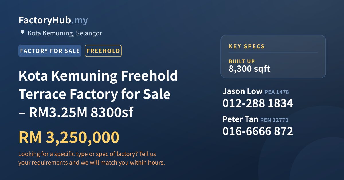 Factory For Sale - Kota Kemuning Freehold Terrace Factory for Sale – RM3.25M 8300sf - Kota Kemuning, Selangor