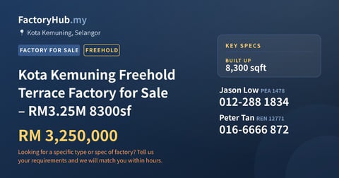 Factory For Sale - Kota Kemuning Freehold Terrace Factory for Sale – RM3.25M 8300sf - Kota Kemuning, Selangor