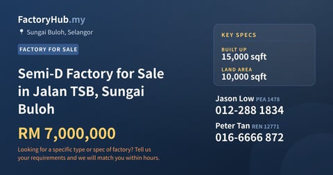 Factory For Sale - Semi-D Factory for Sale in Jalan TSB, Sungai Buloh - Sungai Buloh, Selangor