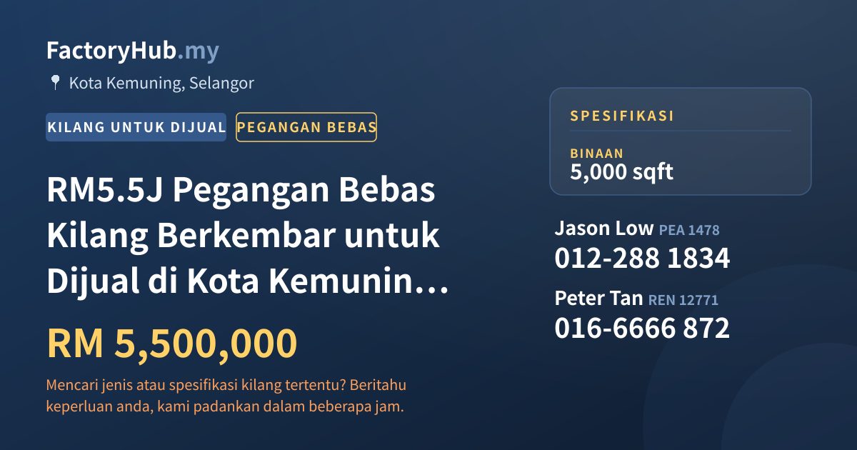 Kilang Untuk Dijual - RM5.5J Pegangan Bebas Kilang Berkembar untuk Dijual di Kota Kemuning – 5000kp - Kota Kemuning, Selangor