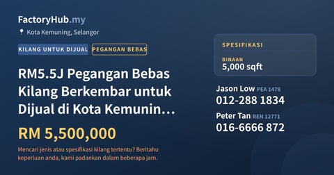 Kilang Untuk Dijual - RM5.5J Pegangan Bebas Kilang Berkembar untuk Dijual di Kota Kemuning – 5000kp - Kota Kemuning, Selangor