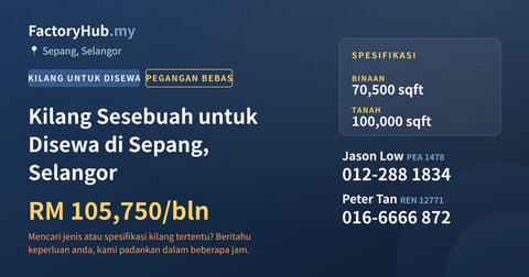 Kilang Untuk Disewa - Kilang Sesebuah untuk Disewa di Sepang, Selangor - Sepang, Selangor