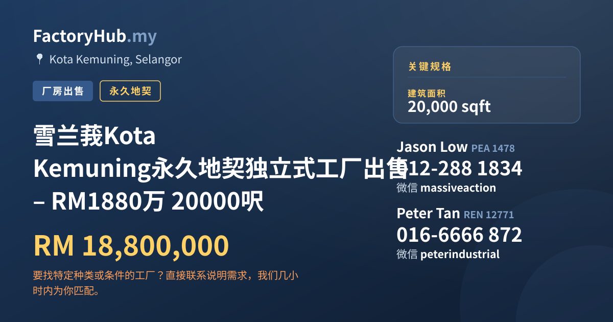 工厂 出售 - 雪兰莪Kota Kemuning永久地契独立式工厂出售 – RM1880万 20000呎 - Kota Kemuning, Selangor