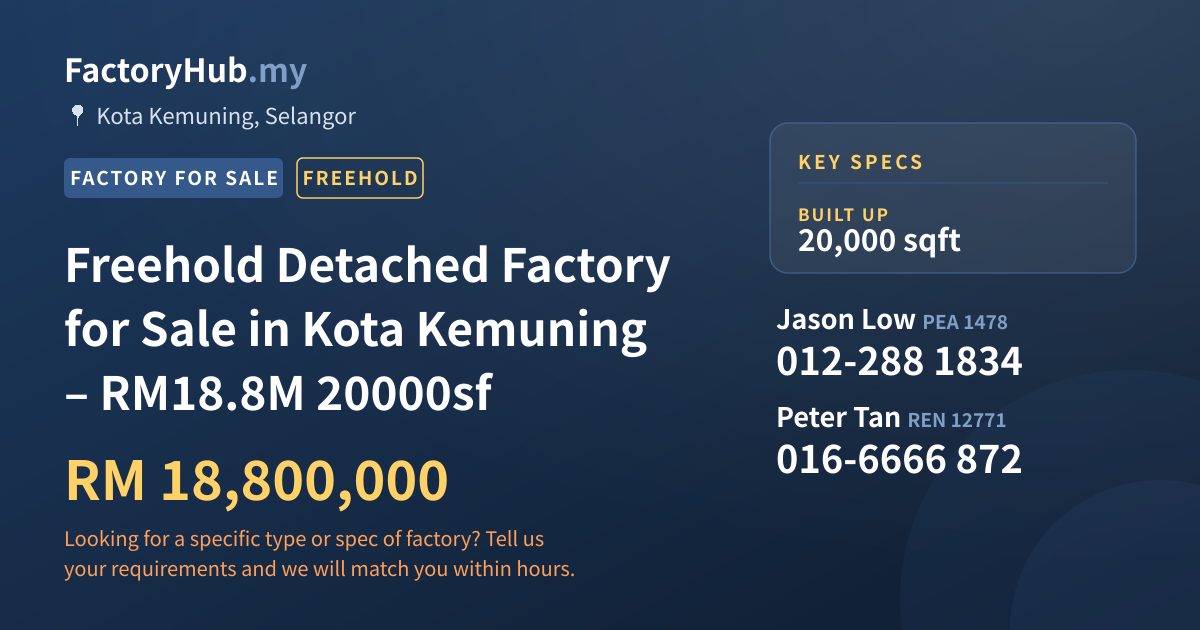 Factory For Sale - Freehold Detached Factory for Sale in Kota Kemuning – RM18.8M 20000sf - Kota Kemuning, Selangor