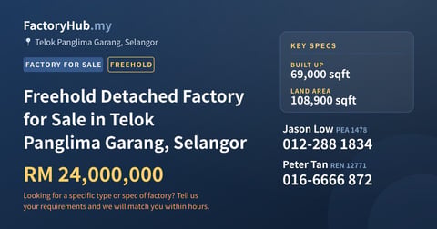 Factory For Sale - Freehold Detached Factory for Sale in Telok Panglima Garang, Selangor - Telok Panglima Garang, Selangor