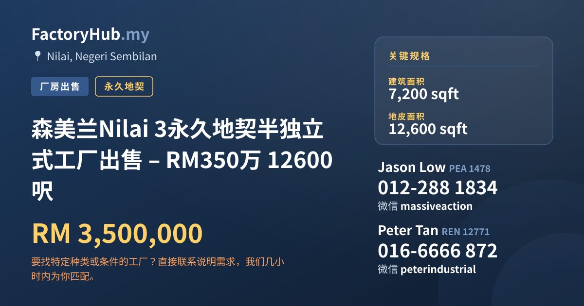 工厂 出售 - 森美兰Nilai 3永久地契半独立式工厂出售 – RM350万 12600呎 - Nilai, Negeri Sembilan