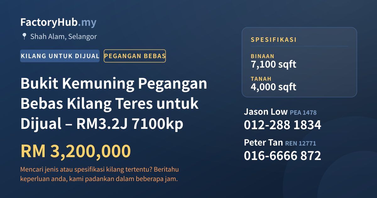 Kilang Untuk Dijual - Bukit Kemuning Pegangan Bebas Kilang Teres untuk Dijual – RM3.2J 7100kp - Shah Alam, Selangor