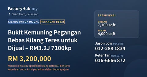 Kilang Untuk Dijual - Bukit Kemuning Pegangan Bebas Kilang Teres untuk Dijual – RM3.2J 7100kp - Shah Alam, Selangor