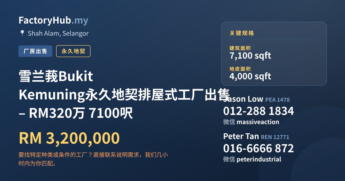 工厂 出售 - 雪兰莪Bukit Kemuning永久地契排屋式工厂出售 – RM320万 7100呎 - Shah Alam, Selangor