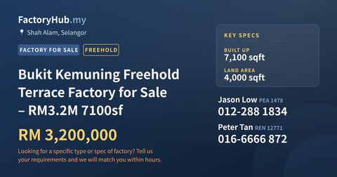 Factory For Sale - Bukit Kemuning Freehold Terrace Factory for Sale – RM3.2M 7100sf - Shah Alam, Selangor