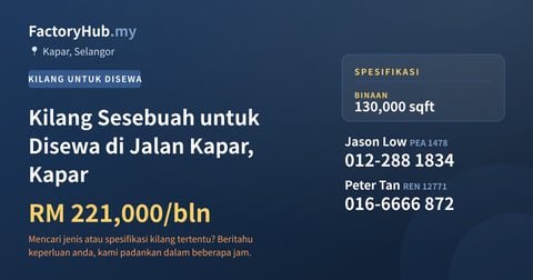 Kilang Untuk Disewa - Kilang Sesebuah untuk Disewa di Jalan Kapar, Kapar - Kapar, Selangor