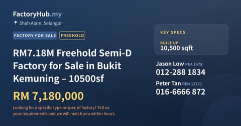 Factory For Sale - RM7.18M Freehold Semi-D Factory for Sale in Bukit Kemuning – 10500sf - Shah Alam, Selangor