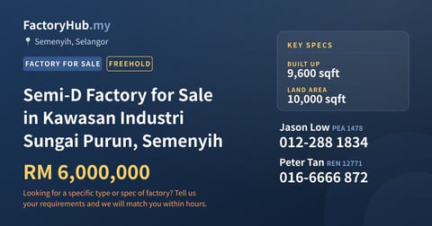 Factory For Sale - Semi-D Factory for Sale in Kawasan Industri Sungai Purun, Semenyih - Semenyih, Selangor