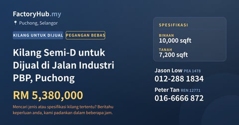 Kilang Untuk Dijual - Kilang Semi-D untuk Dijual di Jalan Industri PBP, Puchong - Puchong, Selangor