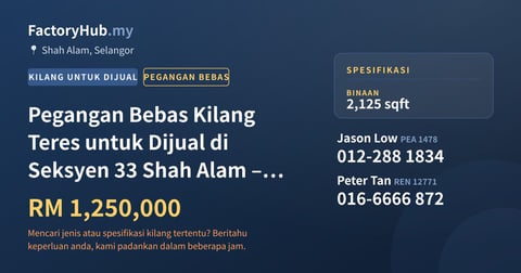 Kilang Untuk Dijual - Pegangan Bebas Kilang Teres untuk Dijual di Seksyen 33 Shah Alam – RM1.25J 2125kp - Shah Alam, Selangor