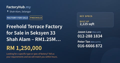 Factory For Sale - Freehold Terrace Factory for Sale in Seksyen 33 Shah Alam – RM1.25M 2125sf - Shah Alam, Selangor